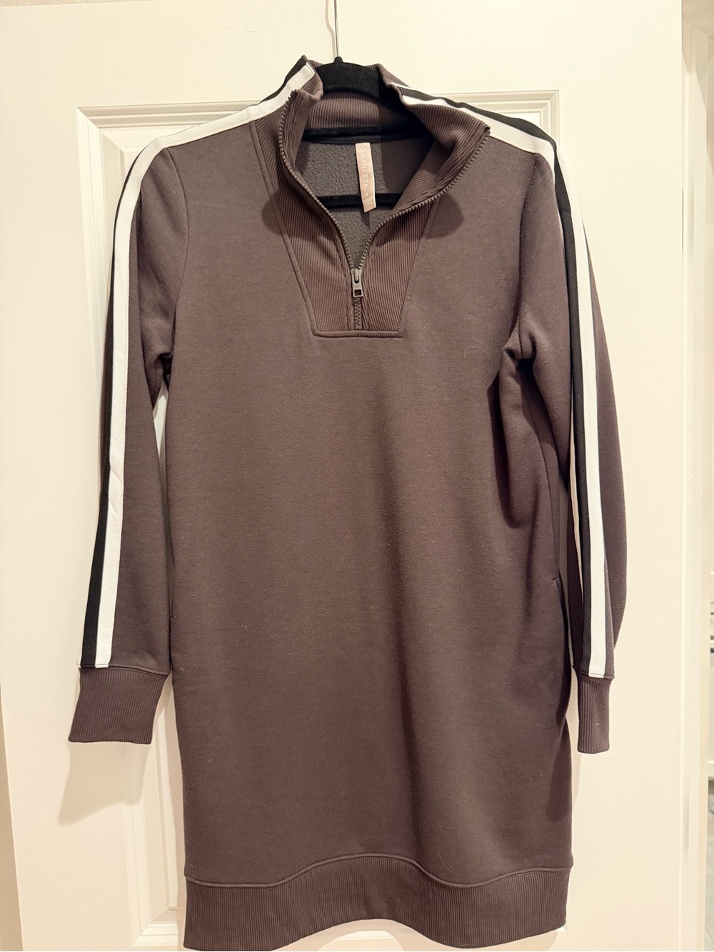 Athleta Charcoal Long-Sleeve Sweatshirt Dress with White Stripes